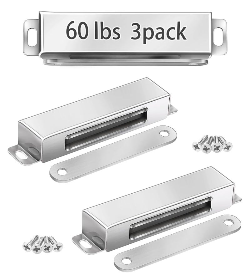 Onarway Magnetic Door Catch 60lbs Pull Strong Magnet Cabinet Latches Hardware Stainless Steel Chrome Door Closer for Pantry Bathroom Kitchen Sliding Door Window Cupboard (3 Pack-Strength 30KG) - Image 1